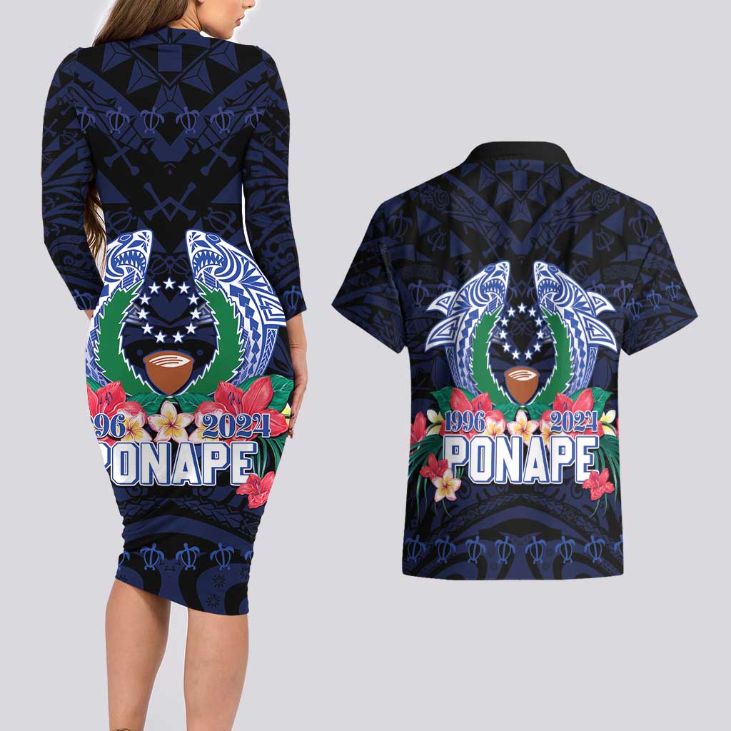 Happy Pohnpei Liberation Day Couples Matching Long Sleeve Bodycon Dress and Hawaiian Shirt Polynesian Shark Turtle Motif LT05 - Polynesian Pride