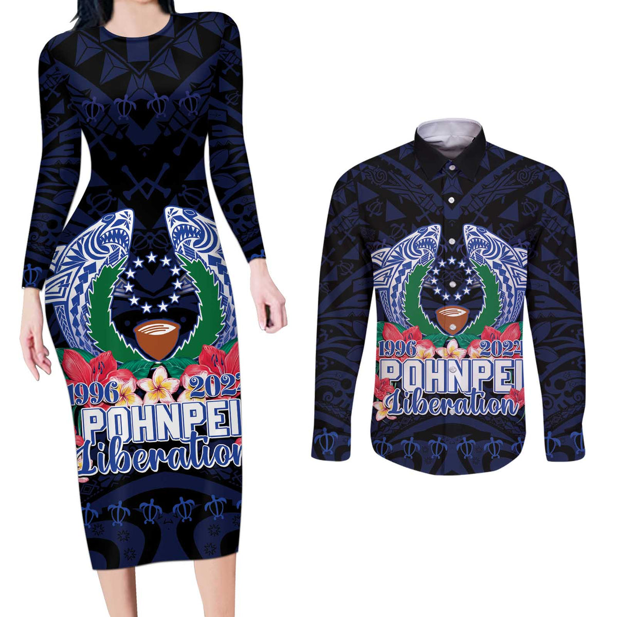 Happy Pohnpei Liberation Day Couples Matching Long Sleeve Bodycon Dress and Long Sleeve Button Shirt Polynesian Shark Turtle Motif LT05 Blue - Polynesian Pride