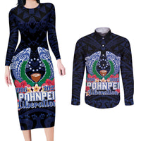 Happy Pohnpei Liberation Day Couples Matching Long Sleeve Bodycon Dress and Long Sleeve Button Shirt Polynesian Shark Turtle Motif LT05 Blue - Polynesian Pride