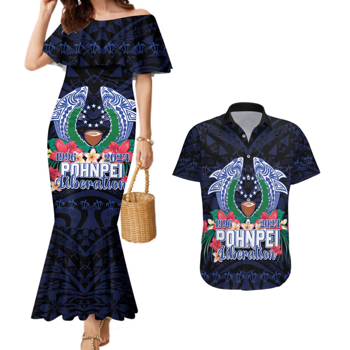 Happy Pohnpei Liberation Day Couples Matching Mermaid Dress and Hawaiian Shirt Polynesian Shark Turtle Motif LT05 Blue - Polynesian Pride