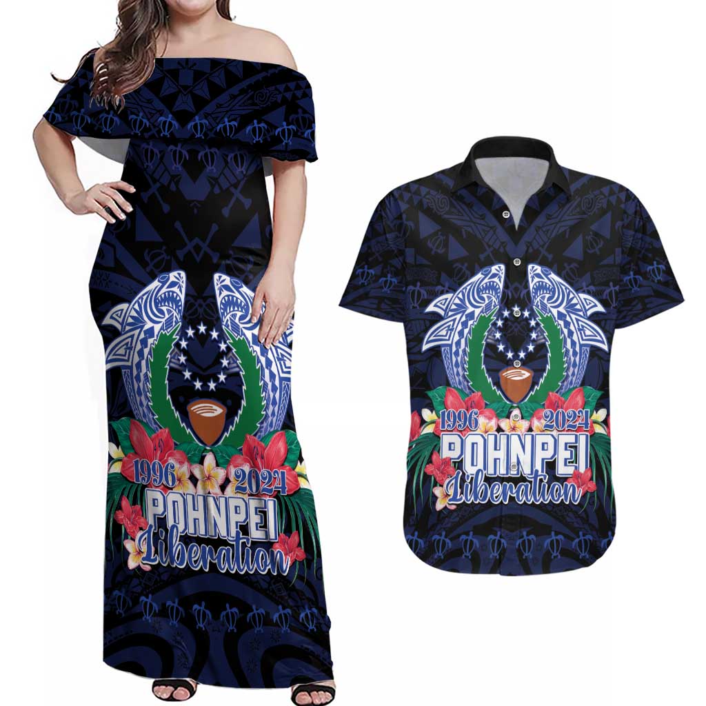 Happy Pohnpei Liberation Day Couples Matching Off Shoulder Maxi Dress and Hawaiian Shirt Polynesian Shark Turtle Motif LT05 Blue - Polynesian Pride