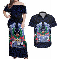 Happy Pohnpei Liberation Day Couples Matching Off Shoulder Maxi Dress and Hawaiian Shirt Polynesian Shark Turtle Motif LT05 Blue - Polynesian Pride