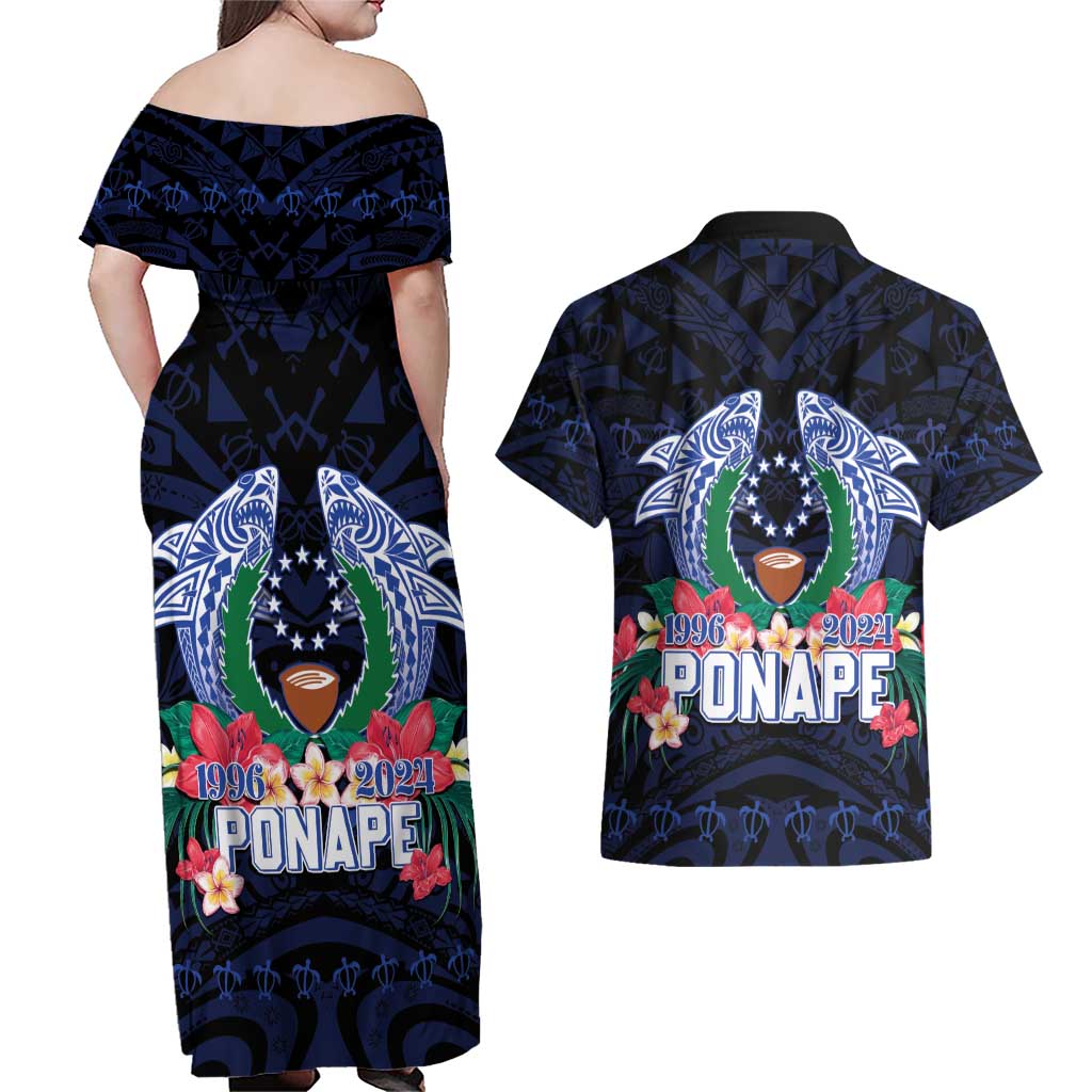 Happy Pohnpei Liberation Day Couples Matching Off Shoulder Maxi Dress and Hawaiian Shirt Polynesian Shark Turtle Motif LT05 - Polynesian Pride