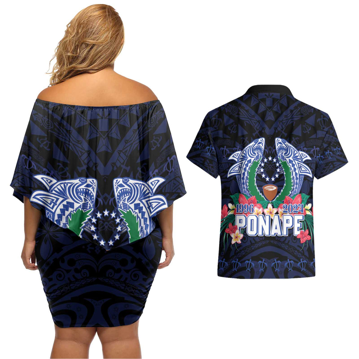 Happy Pohnpei Liberation Day Couples Matching Off Shoulder Short Dress and Hawaiian Shirt Polynesian Shark Turtle Motif LT05 - Polynesian Pride