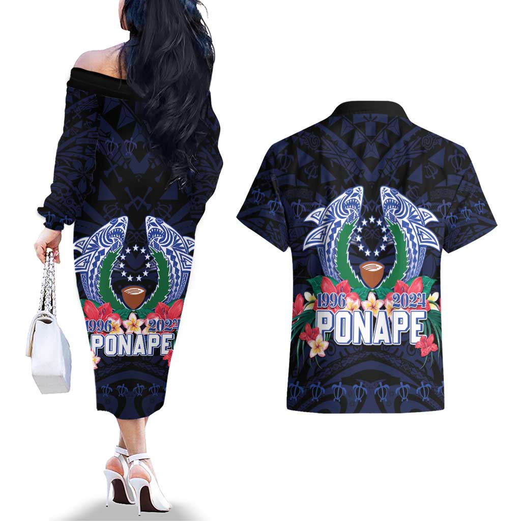 Happy Pohnpei Liberation Day Couples Matching Off The Shoulder Long Sleeve Dress and Hawaiian Shirt Polynesian Shark Turtle Motif LT05 - Polynesian Pride
