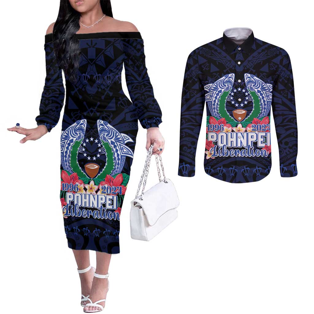 Happy Pohnpei Liberation Day Couples Matching Off The Shoulder Long Sleeve Dress and Long Sleeve Button Shirt Polynesian Shark Turtle Motif