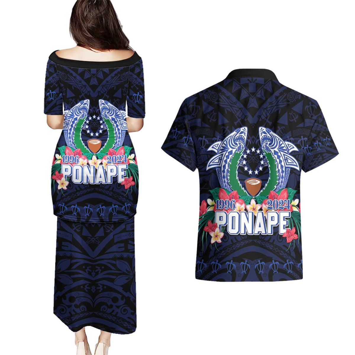 Happy Pohnpei Liberation Day Couples Matching Puletasi and Hawaiian Shirt Polynesian Shark Turtle Motif