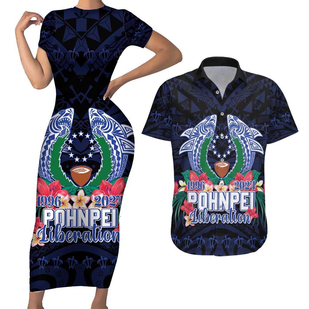 Happy Pohnpei Liberation Day Couples Matching Short Sleeve Bodycon Dress and Hawaiian Shirt Polynesian Shark Turtle Motif LT05 Blue - Polynesian Pride