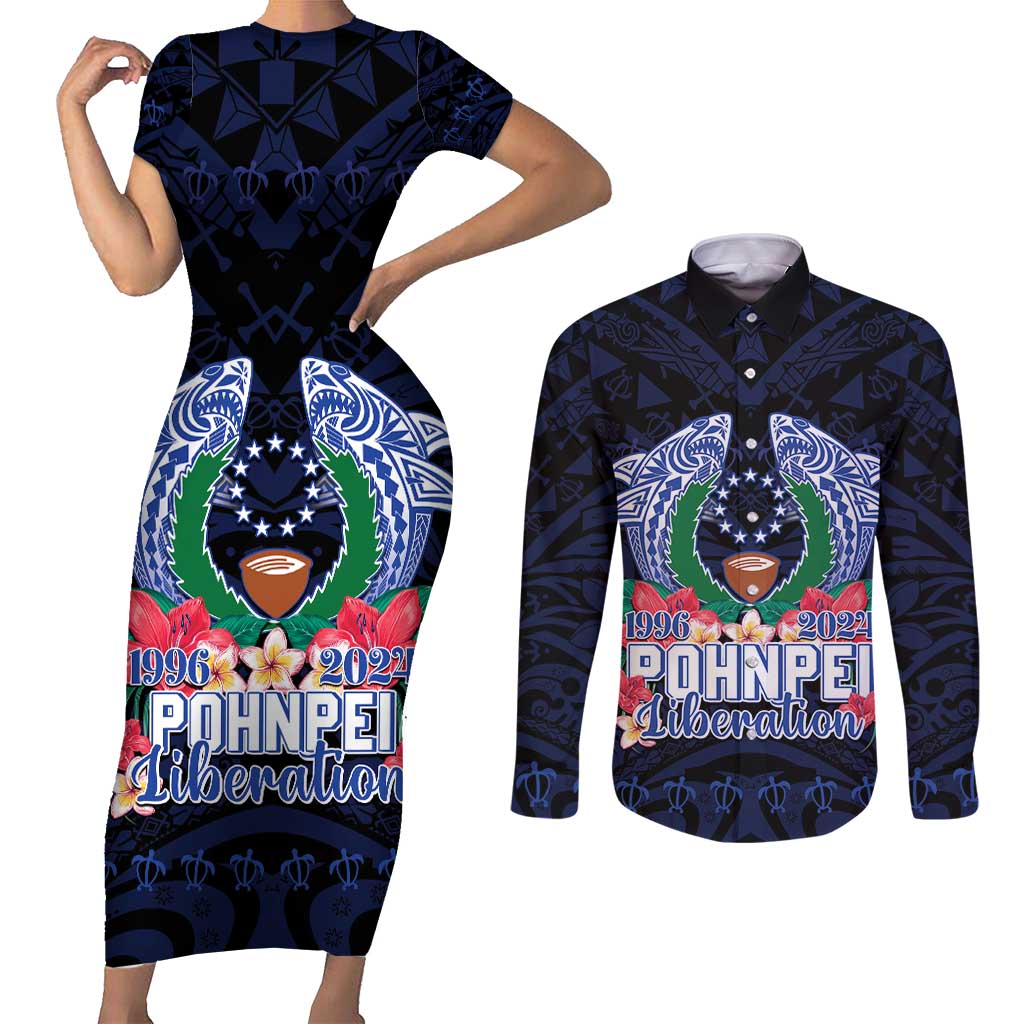 Happy Pohnpei Liberation Day Couples Matching Short Sleeve Bodycon Dress and Long Sleeve Button Shirt Polynesian Shark Turtle Motif LT05 Blue - Polynesian Pride