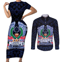 Happy Pohnpei Liberation Day Couples Matching Short Sleeve Bodycon Dress and Long Sleeve Button Shirt Polynesian Shark Turtle Motif LT05 Blue - Polynesian Pride