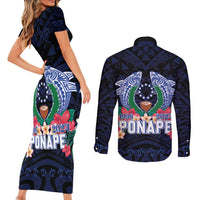 Happy Pohnpei Liberation Day Couples Matching Short Sleeve Bodycon Dress and Long Sleeve Button Shirt Polynesian Shark Turtle Motif LT05 - Polynesian Pride