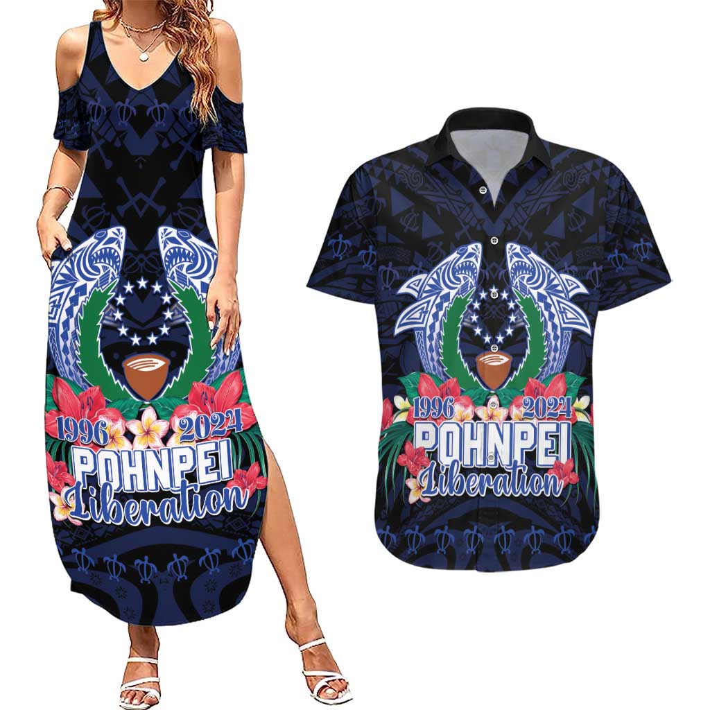 Happy Pohnpei Liberation Day Couples Matching Summer Maxi Dress and Hawaiian Shirt Polynesian Shark Turtle Motif LT05 Blue - Polynesian Pride