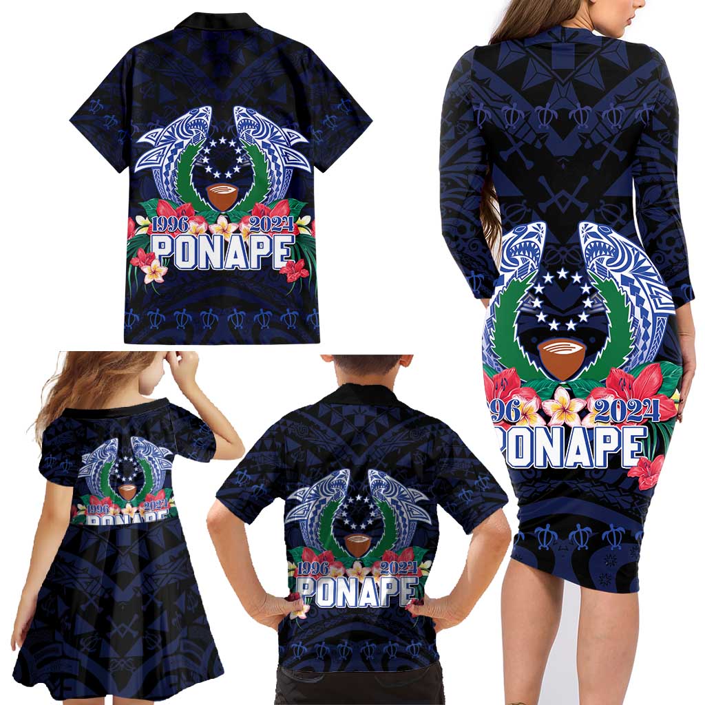 Happy Pohnpei Liberation Day Family Matching Long Sleeve Bodycon Dress and Hawaiian Shirt Polynesian Shark Turtle Motif LT05 - Polynesian Pride