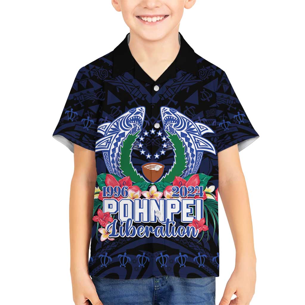 Happy Pohnpei Liberation Day Family Matching Long Sleeve Bodycon Dress and Hawaiian Shirt Polynesian Shark Turtle Motif LT05 Son's Shirt Blue - Polynesian Pride