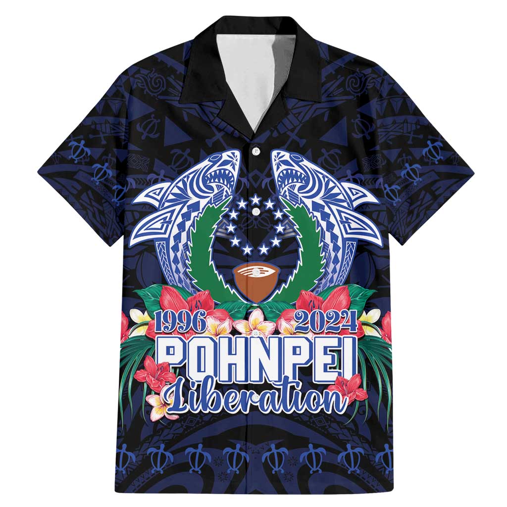 Happy Pohnpei Liberation Day Family Matching Mermaid Dress and Hawaiian Shirt Polynesian Shark Turtle Motif LT05 Dad's Shirt - Short Sleeve Blue - Polynesian Pride