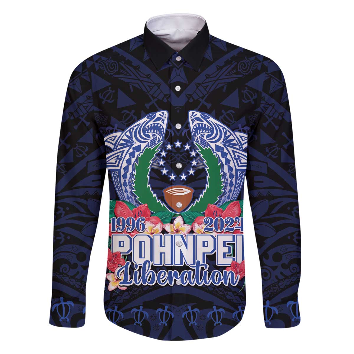 Happy Pohnpei Liberation Day Family Matching Off The Shoulder Long Sleeve Dress and Hawaiian Shirt Polynesian Shark Turtle Motif LT05 Dad's Shirt - Long Sleeve Blue - Polynesian Pride