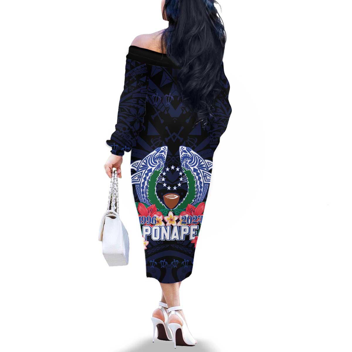 Happy Pohnpei Liberation Day Family Matching Off The Shoulder Long Sleeve Dress and Hawaiian Shirt Polynesian Shark Turtle Motif LT05 - Polynesian Pride