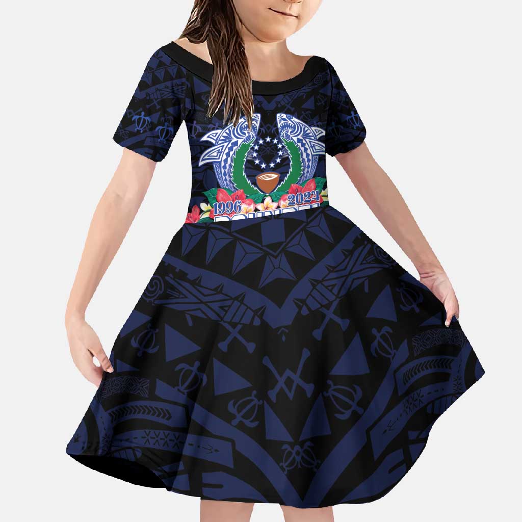 Happy Pohnpei Liberation Day Family Matching Off Shoulder Maxi Dress and Hawaiian Shirt Polynesian Shark Turtle Motif LT05 Daughter's Dress Blue - Polynesian Pride