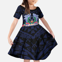 Happy Pohnpei Liberation Day Family Matching Off Shoulder Maxi Dress and Hawaiian Shirt Polynesian Shark Turtle Motif LT05 Daughter's Dress Blue - Polynesian Pride