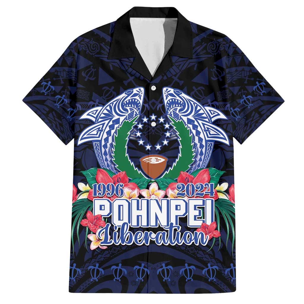 Happy Pohnpei Liberation Day Family Matching Off Shoulder Maxi Dress and Hawaiian Shirt Polynesian Shark Turtle Motif LT05 Dad's Shirt - Short Sleeve Blue - Polynesian Pride