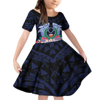Happy Pohnpei Liberation Day Family Matching Off Shoulder Short Dress and Hawaiian Shirt Polynesian Shark Turtle Motif LT05 Daughter's Dress Blue - Polynesian Pride