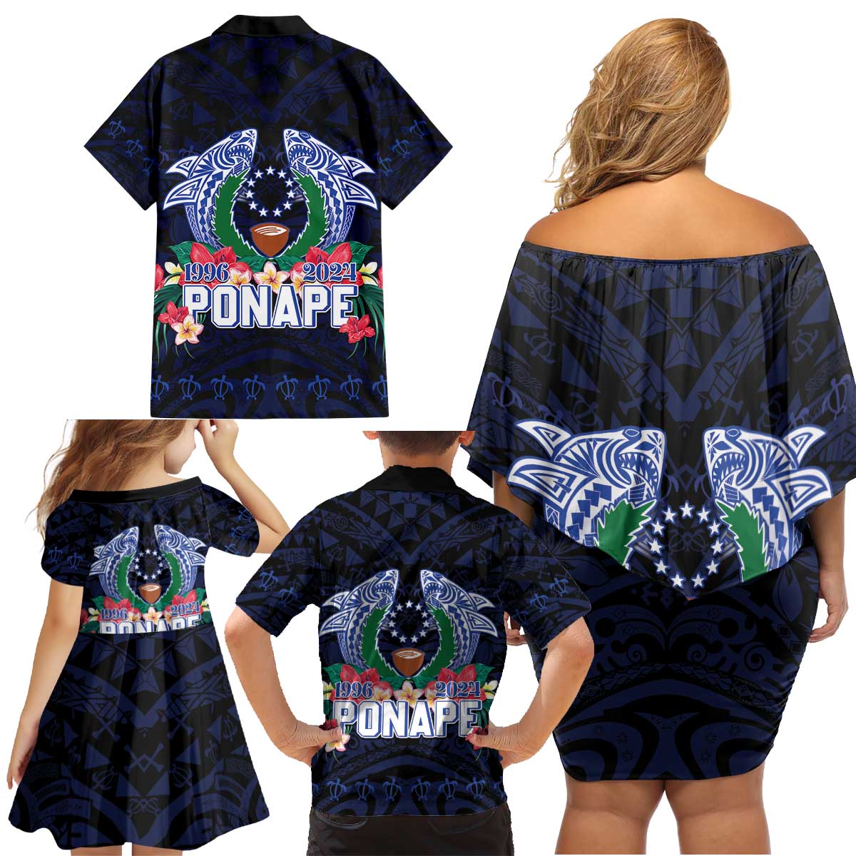 Happy Pohnpei Liberation Day Family Matching Off Shoulder Short Dress and Hawaiian Shirt Polynesian Shark Turtle Motif LT05 - Polynesian Pride