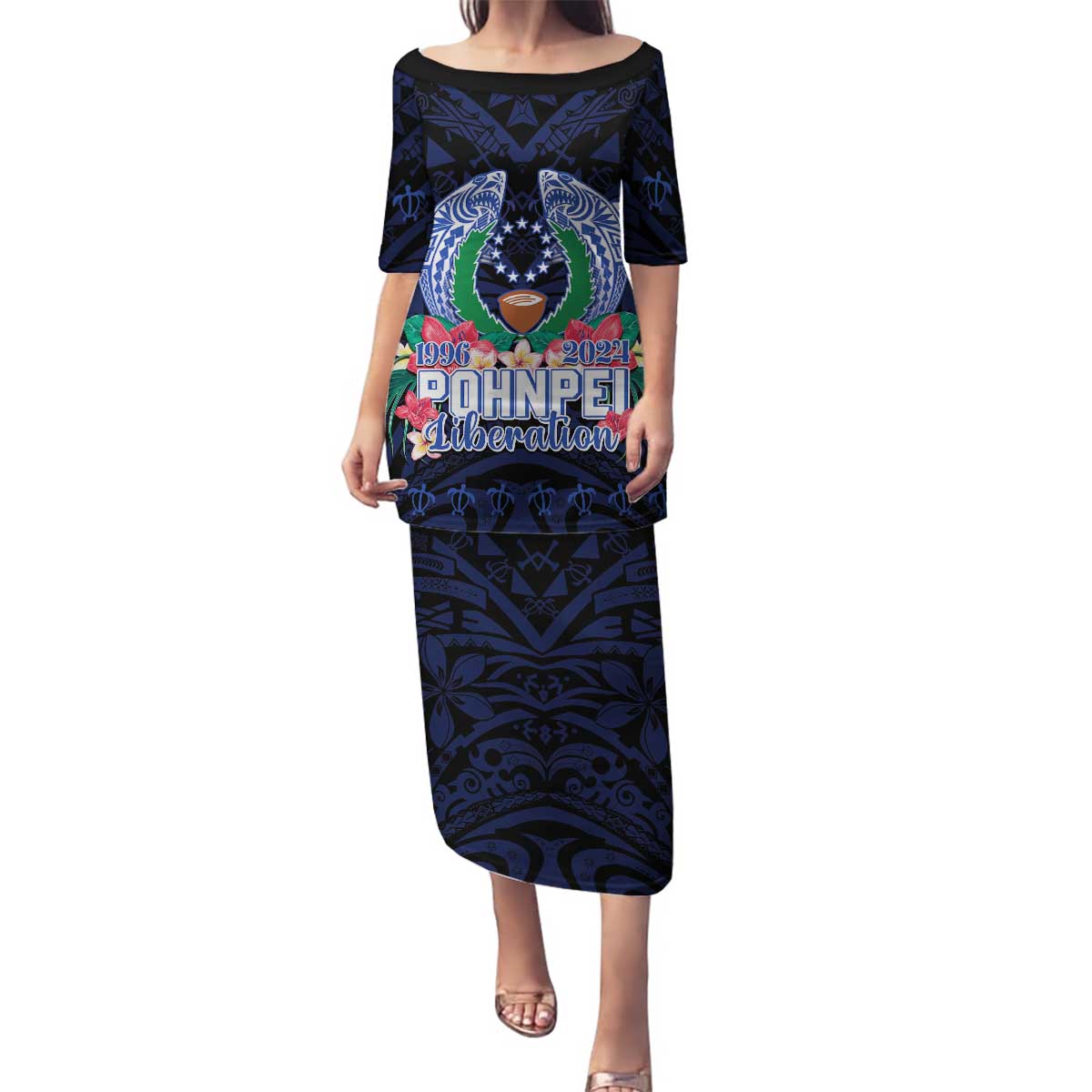 Happy Pohnpei Liberation Day Family Matching Puletasi and Hawaiian Shirt Polynesian Shark Turtle Motif LT05 Mom's Dress Blue - Polynesian Pride