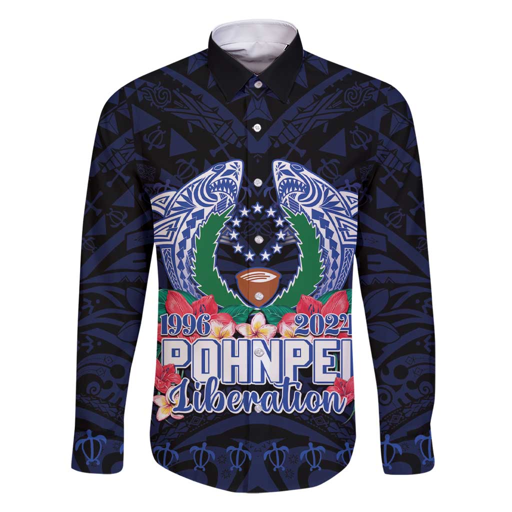 Happy Pohnpei Liberation Day Family Matching Short Sleeve Bodycon Dress and Hawaiian Shirt Polynesian Shark Turtle Motif LT05 Dad's Shirt - Long Sleeve Blue - Polynesian Pride