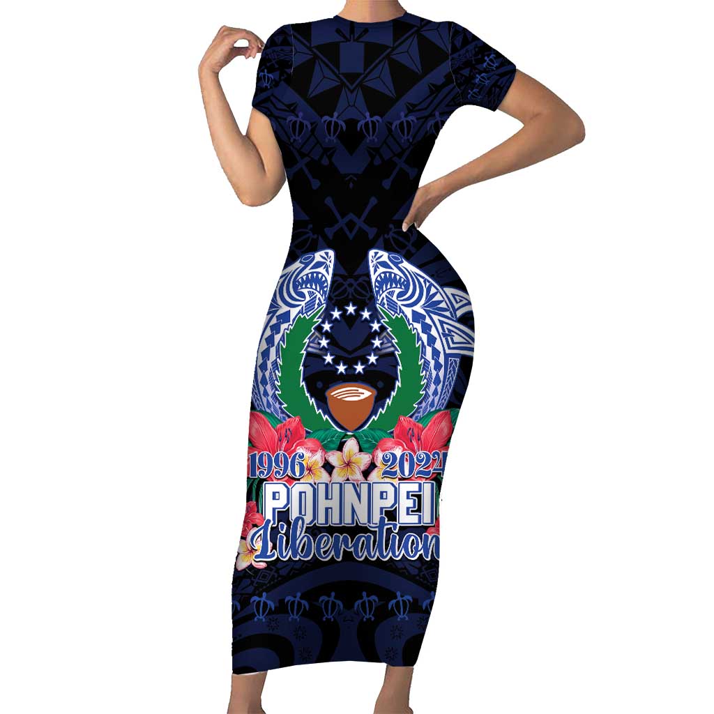 Happy Pohnpei Liberation Day Family Matching Short Sleeve Bodycon Dress and Hawaiian Shirt Polynesian Shark Turtle Motif LT05 Mom's Dress Blue - Polynesian Pride
