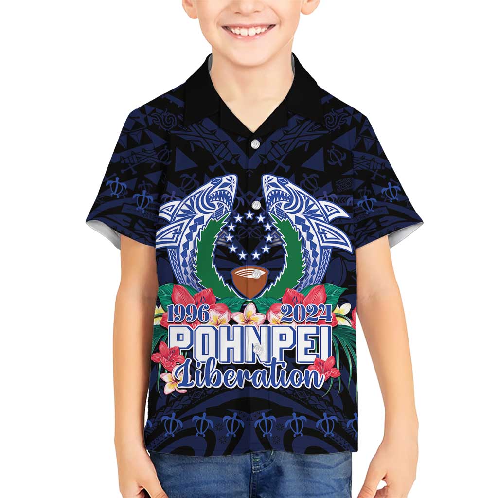 Happy Pohnpei Liberation Day Family Matching Short Sleeve Bodycon Dress and Hawaiian Shirt Polynesian Shark Turtle Motif LT05 Son's Shirt Blue - Polynesian Pride