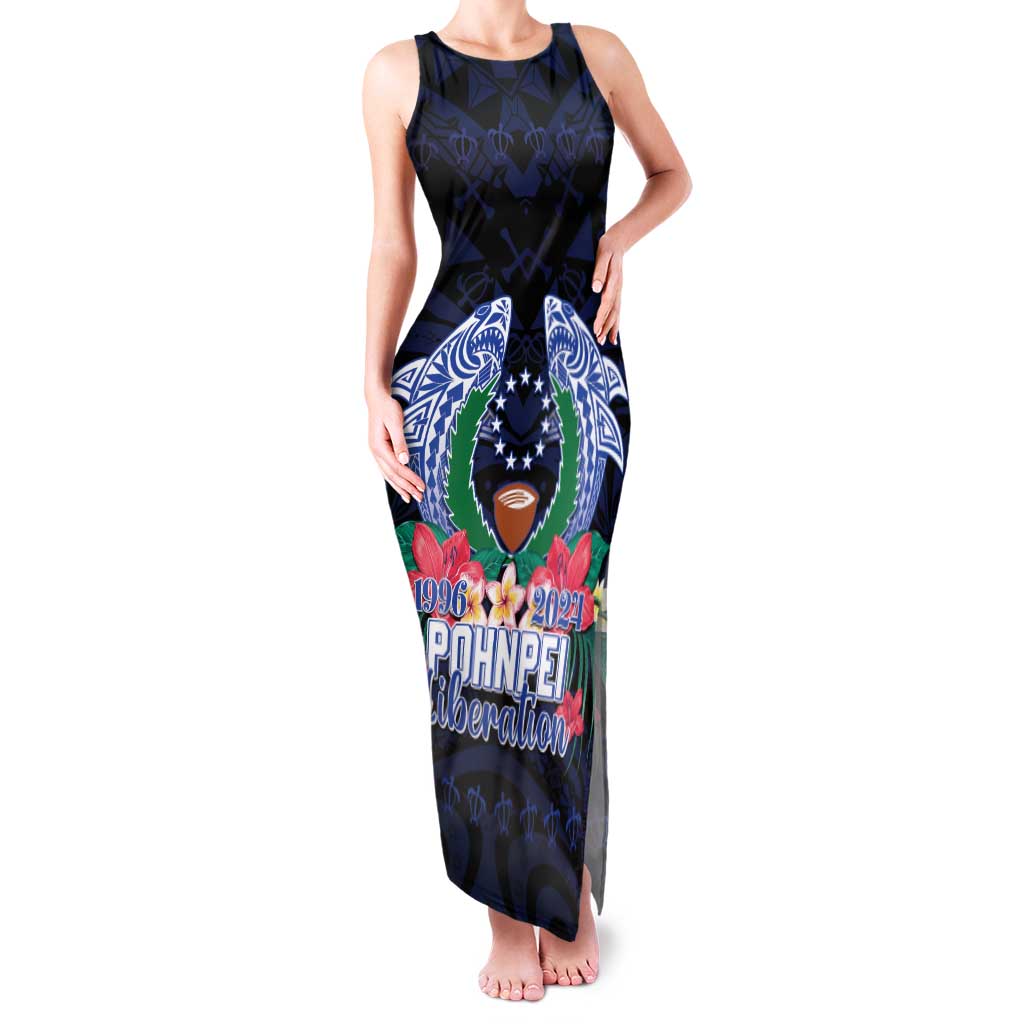 Happy Pohnpei Liberation Day Family Matching Tank Maxi Dress and Hawaiian Shirt Polynesian Shark Turtle Motif LT05 Mom's Dress Blue - Polynesian Pride