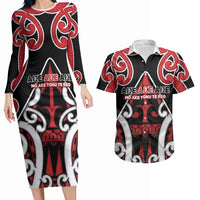 New Zealand Maori Language Week Couples Matching Long Sleeve Bodycon Dress and Hawaiian Shirt Mo Ake Tonu Te Reo LT05 Black - Polynesian Pride