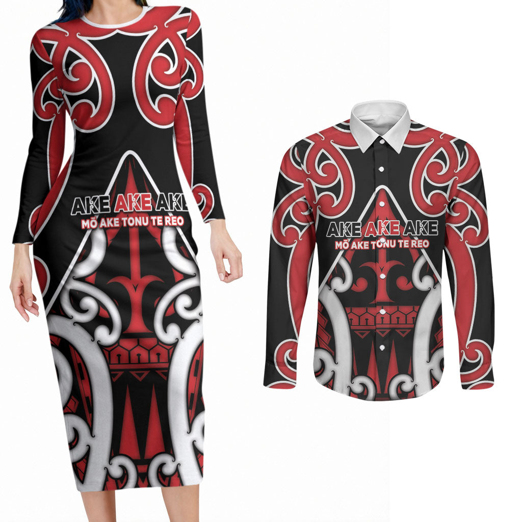 New Zealand Maori Language Week Couples Matching Long Sleeve Bodycon Dress and Long Sleeve Button Shirt Mo Ake Tonu Te Reo LT05 Black - Polynesian Pride