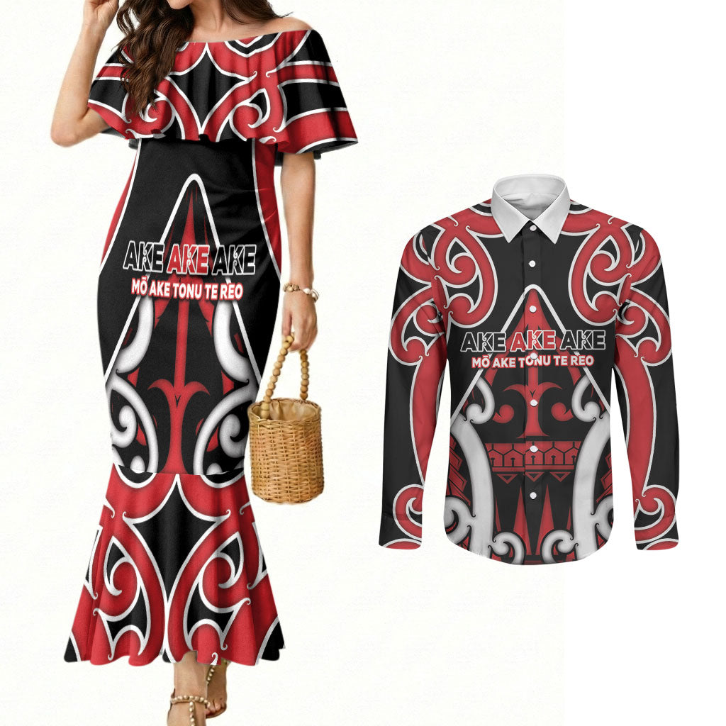 New Zealand Maori Language Week Couples Matching Mermaid Dress and Long Sleeve Button Shirt Mo Ake Tonu Te Reo LT05 Black - Polynesian Pride