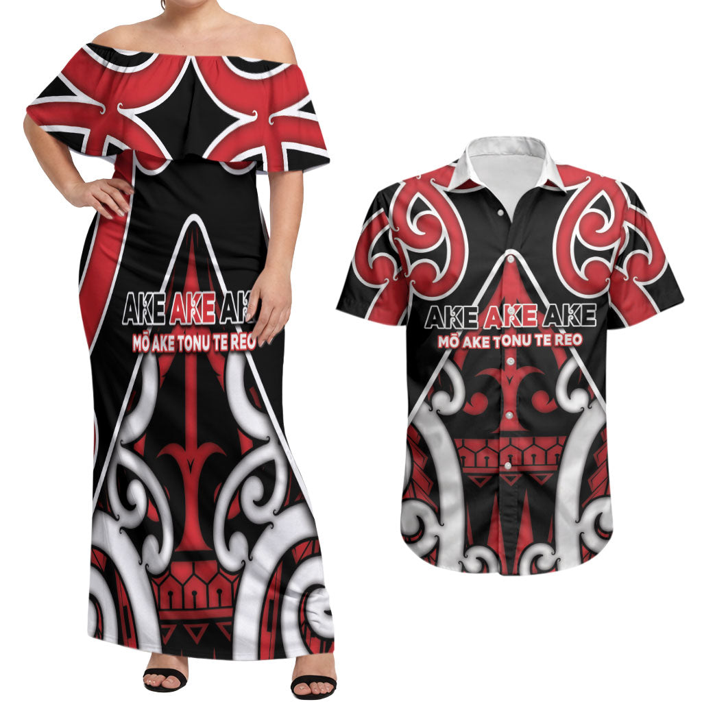New Zealand Maori Language Week Couples Matching Off Shoulder Maxi Dress and Hawaiian Shirt Mo Ake Tonu Te Reo LT05 Black - Polynesian Pride