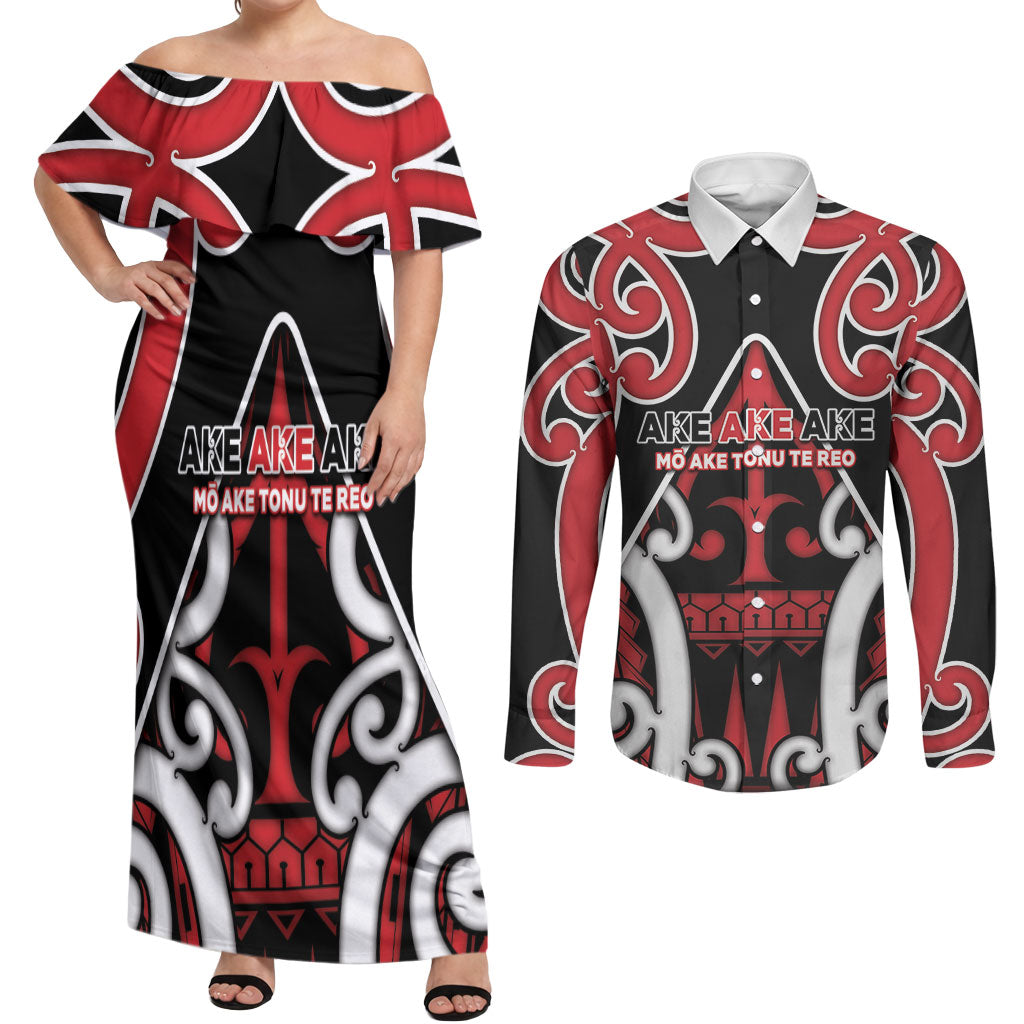 New Zealand Maori Language Week Couples Matching Off Shoulder Maxi Dress and Long Sleeve Button Shirt Mo Ake Tonu Te Reo LT05 Black - Polynesian Pride