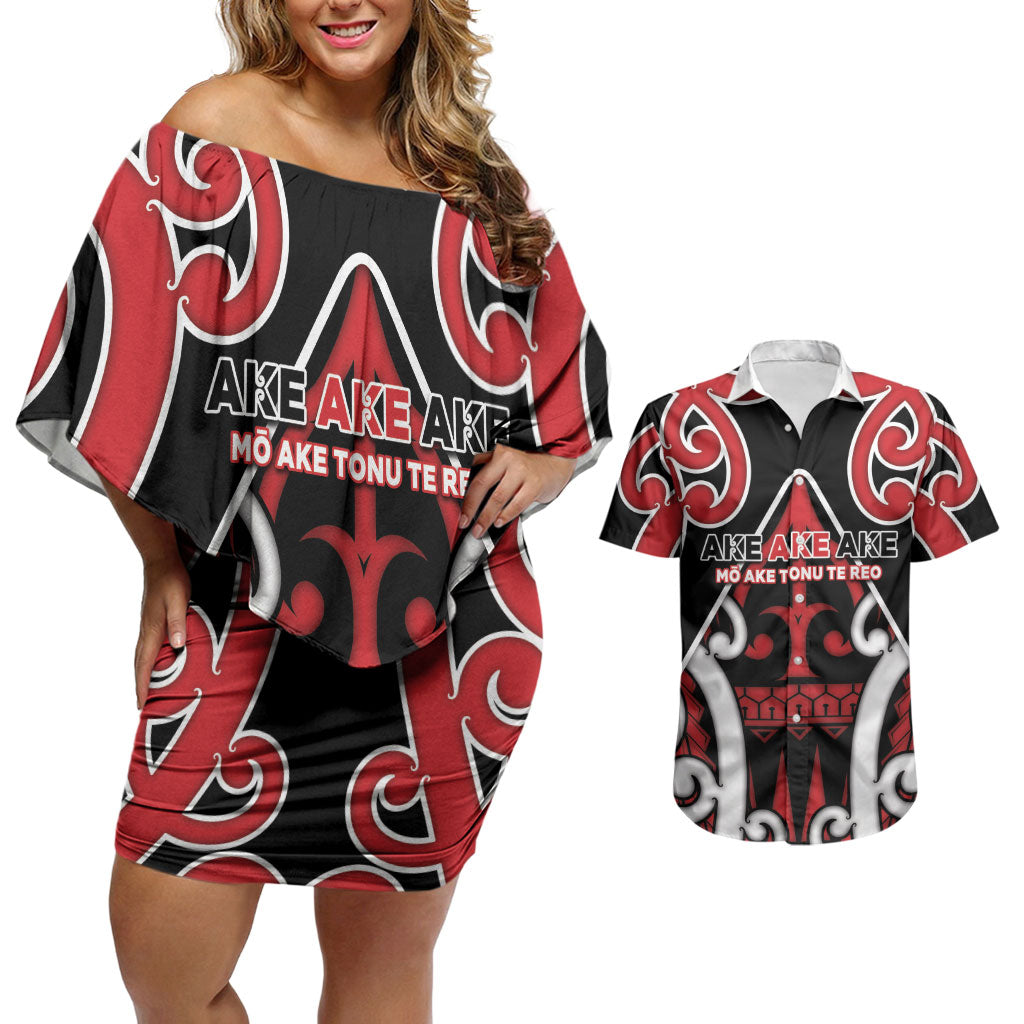 New Zealand Maori Language Week Couples Matching Off Shoulder Short Dress and Hawaiian Shirt Mo Ake Tonu Te Reo LT05 Black - Polynesian Pride