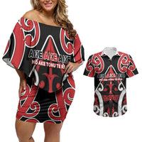 New Zealand Maori Language Week Couples Matching Off Shoulder Short Dress and Hawaiian Shirt Mo Ake Tonu Te Reo LT05 Black - Polynesian Pride
