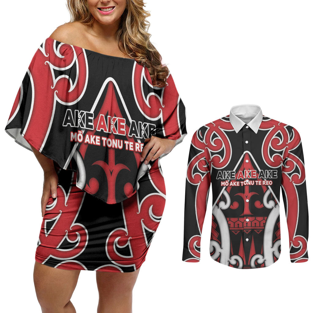 New Zealand Maori Language Week Couples Matching Off Shoulder Short Dress and Long Sleeve Button Shirt Mo Ake Tonu Te Reo LT05 Black - Polynesian Pride