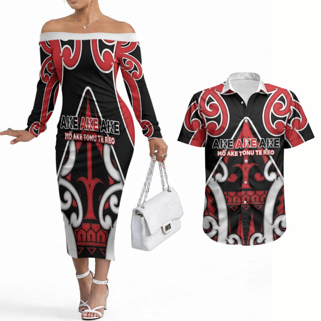 New Zealand Maori Language Week Couples Matching Off The Shoulder Long Sleeve Dress and Hawaiian Shirt Mo Ake Tonu Te Reo LT05 Black - Polynesian Pride