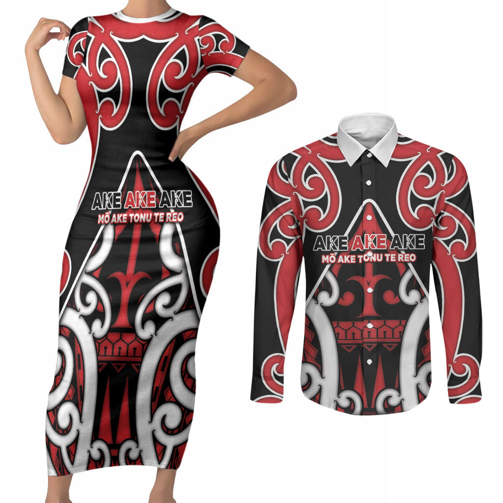 New Zealand Maori Language Week Couples Matching Short Sleeve Bodycon Dress and Long Sleeve Button Shirt Mo Ake Tonu Te Reo LT05 Black - Polynesian Pride