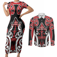 New Zealand Maori Language Week Couples Matching Short Sleeve Bodycon Dress and Long Sleeve Button Shirt Mo Ake Tonu Te Reo LT05 Black - Polynesian Pride