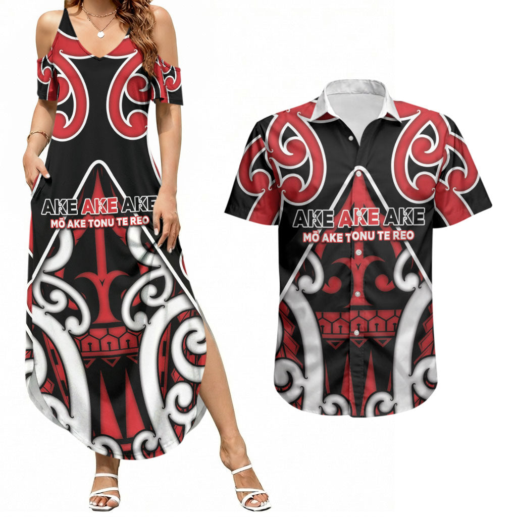New Zealand Maori Language Week Couples Matching Summer Maxi Dress and Hawaiian Shirt Mo Ake Tonu Te Reo LT05 Black - Polynesian Pride