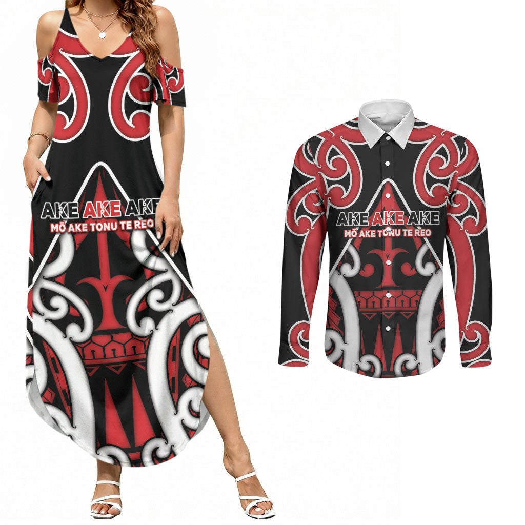 New Zealand Maori Language Week Couples Matching Summer Maxi Dress and Long Sleeve Button Shirt Mo Ake Tonu Te Reo LT05 Black - Polynesian Pride
