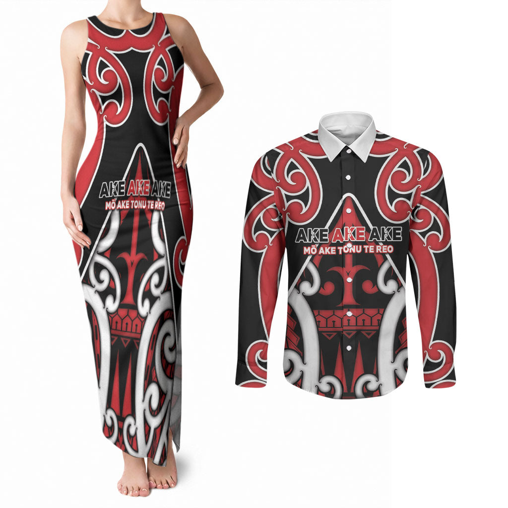 New Zealand Maori Language Week Couples Matching Tank Maxi Dress and Long Sleeve Button Shirt Mo Ake Tonu Te Reo LT05 Black - Polynesian Pride
