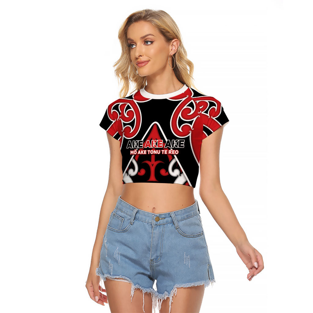 New Zealand Maori Language Week Raglan Cropped T Shirt Mo Ake Tonu Te Reo LT05 Female Black - Polynesian Pride