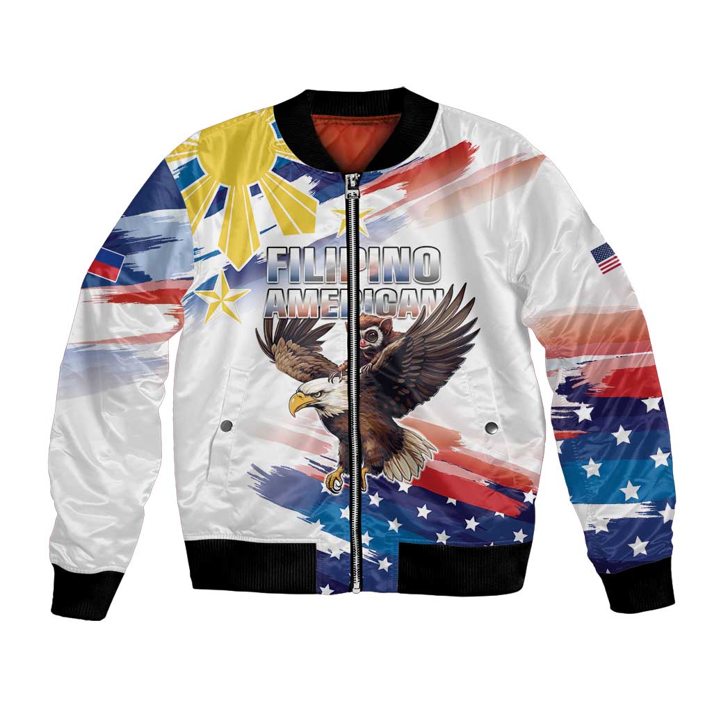 Filipino American History Month Bomber Jacket Bald Eagle Tarsier Together LT05 Unisex White - Polynesian Pride