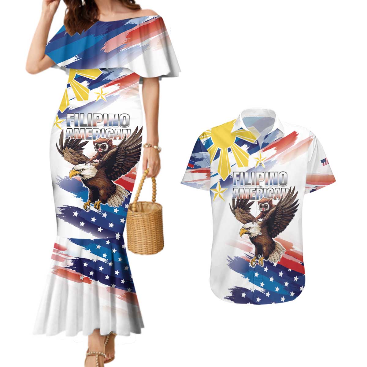 Filipino American History Month Couples Matching Mermaid Dress and Hawaiian Shirt Bald Eagle Tarsier Together LT05 White - Polynesian Pride