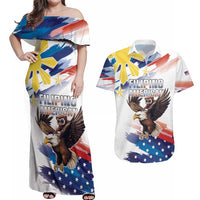 Filipino American History Month Couples Matching Off Shoulder Maxi Dress and Hawaiian Shirt Bald Eagle Tarsier Together LT05 White - Polynesian Pride