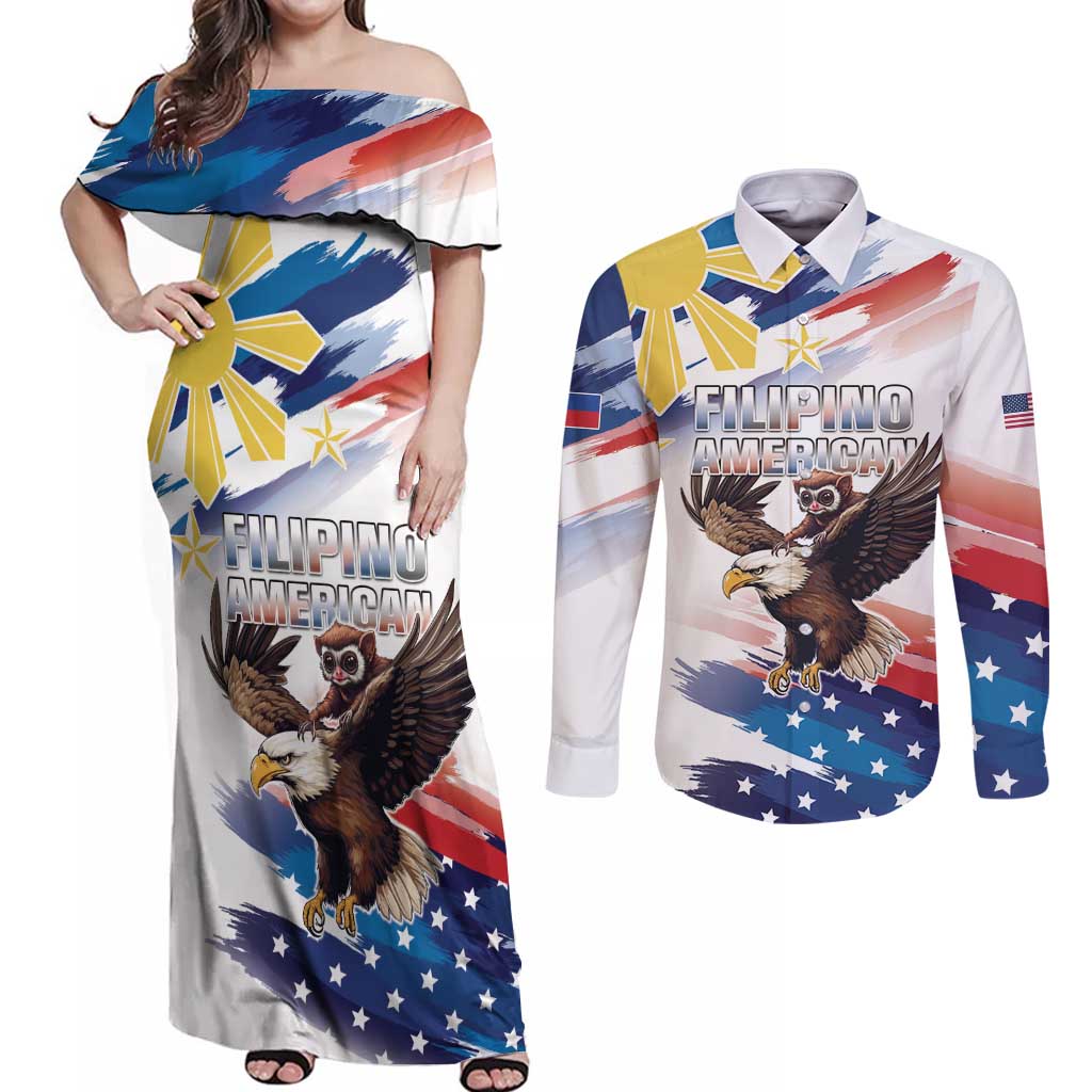 Filipino American History Month Couples Matching Off Shoulder Maxi Dress and Long Sleeve Button Shirt Bald Eagle Tarsier Together LT05 White - Polynesian Pride
